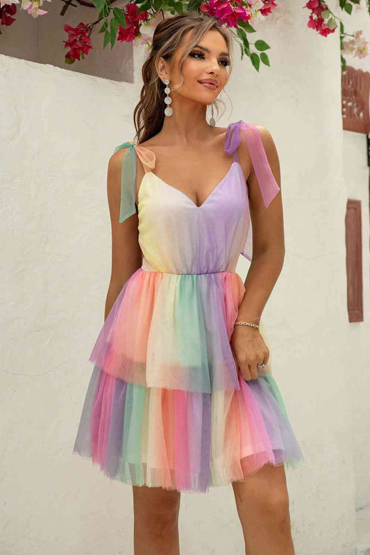 Gradient Tie-Shoulder Layered Dress