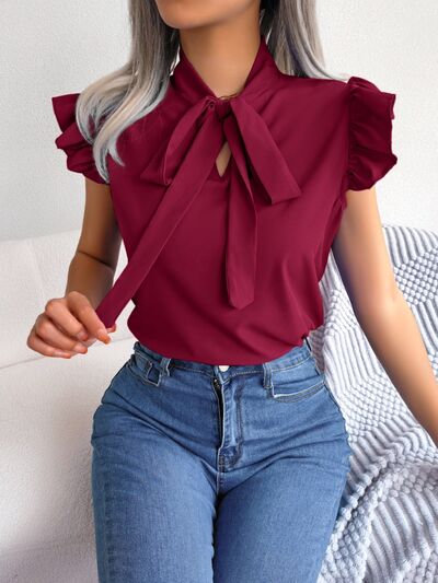 Tie  Neck Cap Sleeve Blouse